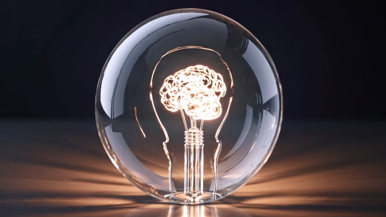 A close-up, front-facing video shot of a light bulb with a brain-shaped filament