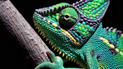 close-up of a vibrant green chameleon on a branch
