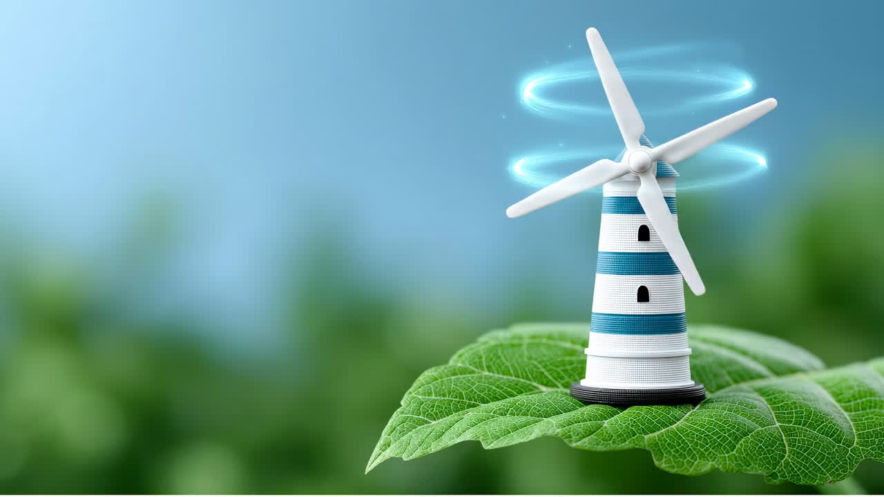 Miniature wind turbine on green leaf. A small wind turbine sits atop a vibrant green leaf against a soft blue background, showcasing renewable energy