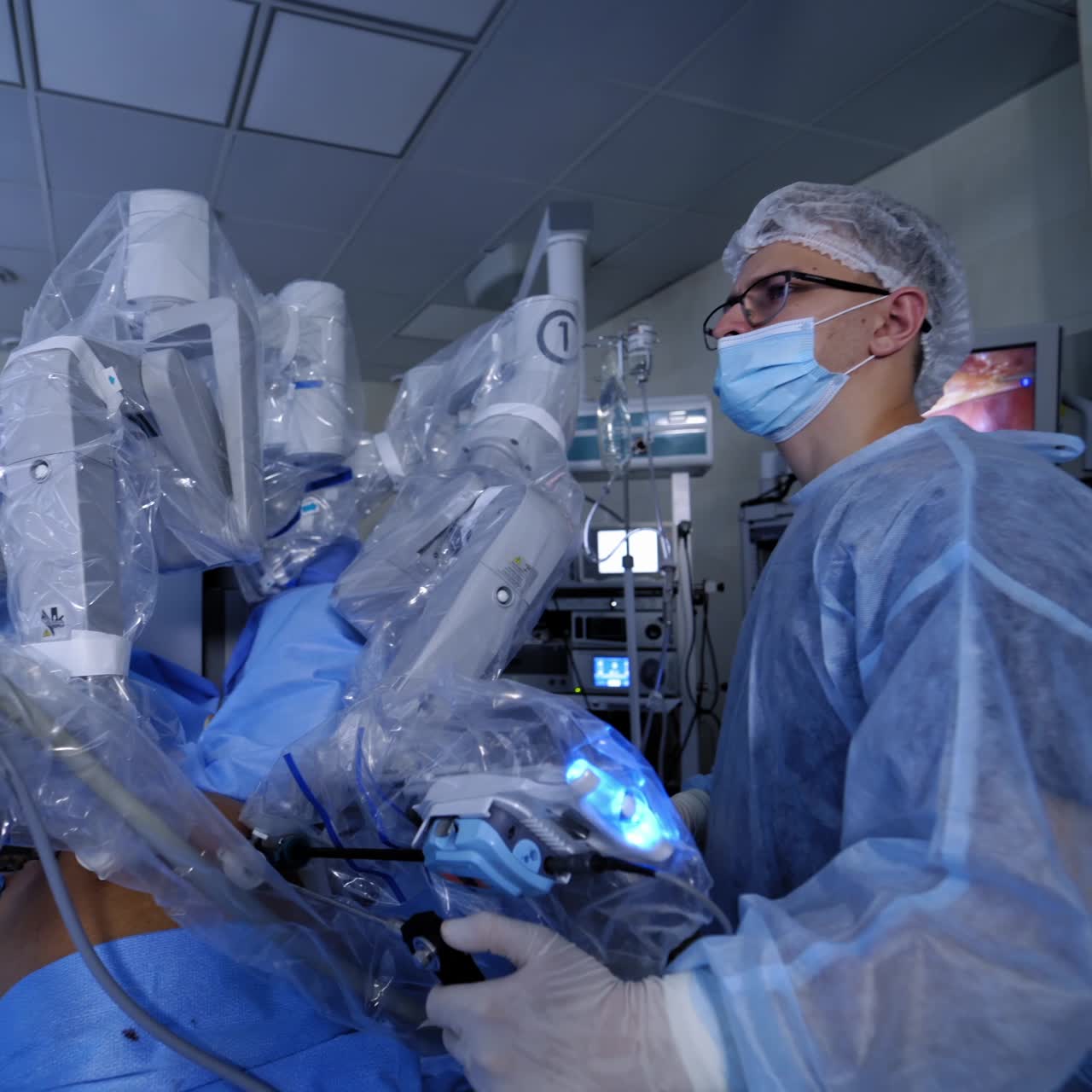 Modern surgical system. Medical robot. Minimally invasive robotic surgery.