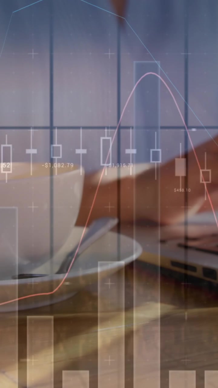 Animation of statistics and data processing over woman using laptop