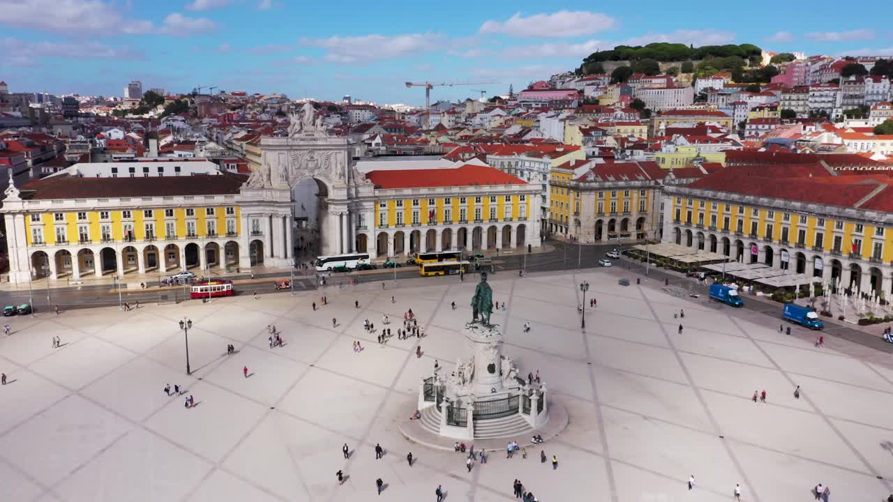 Terreiro do Paco And Arco da Rua Augusta - Praca do Comercio With Equestrian Statue of King Jose I In Lisbon, Portugal. - aerial pullback shot
