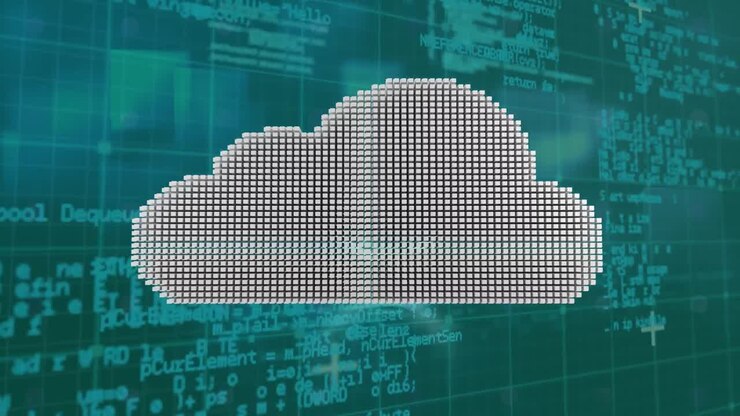 Sky-ikon og databehandling over gitter-netværk mod blå baggrund
