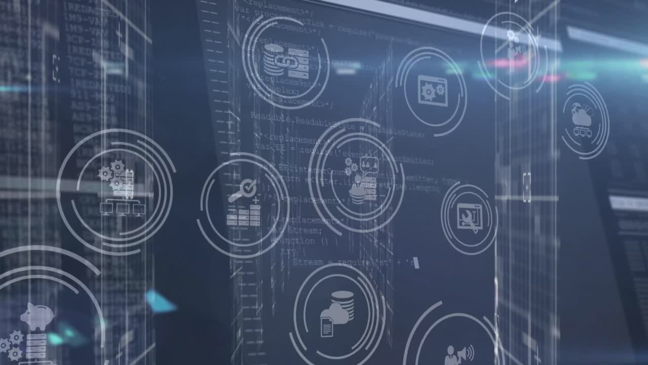 animación de múltiples iconos digitales sobre pantallas con procesamiento de datos contra un fondo azul