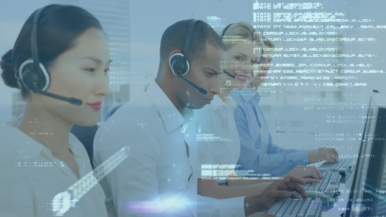 Animation of data processing over diverse business people in office