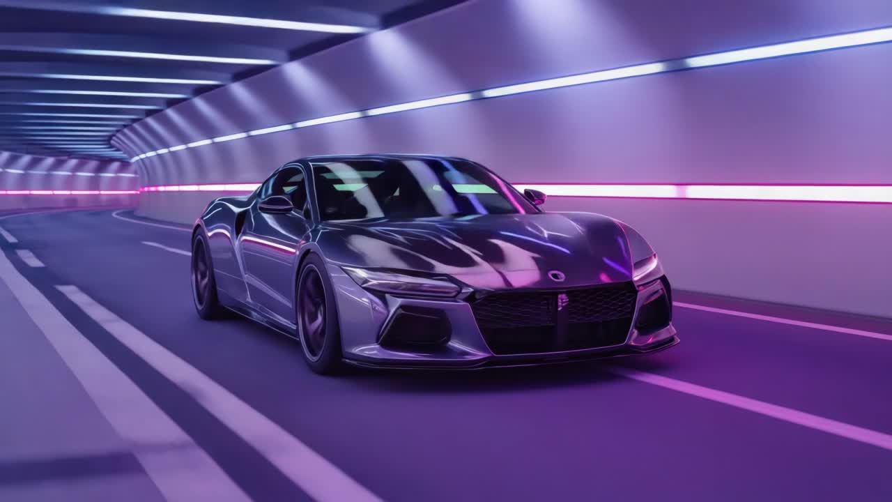 Futuristic Sports Car Driving Through a Neon-Lit Tunnel