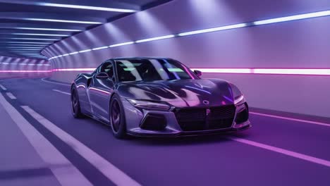 Futuristic Sports Car Driving Through a Neon-Lit Tunnel