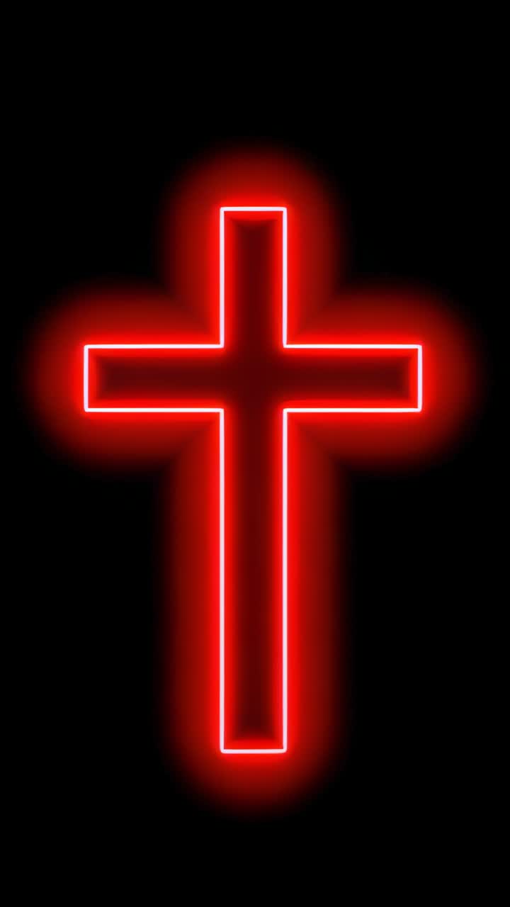 Vertical video: Emerging stylized red neon cross brightening and dimming in dark void