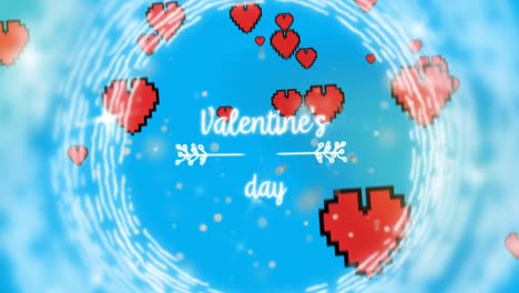 animation of valentine's day text over moving hearts and circles