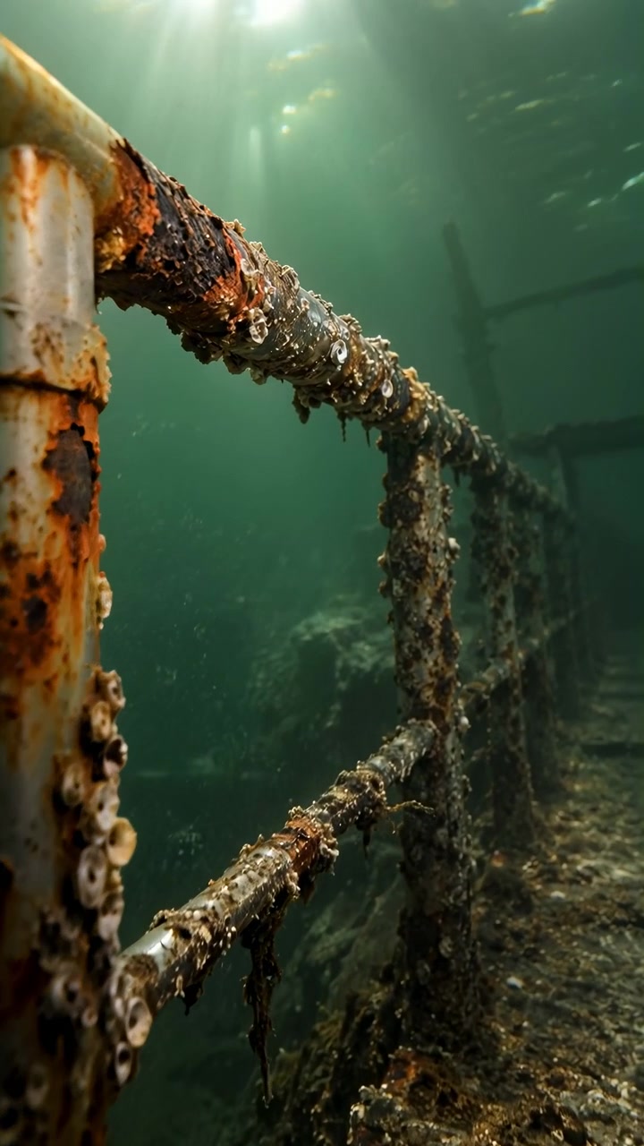 Camera advances beside heavily rusted submerged handrail, revealing encrusted joints and textured metal while soft beams of sunlight descend through hazy green water above the bottom.