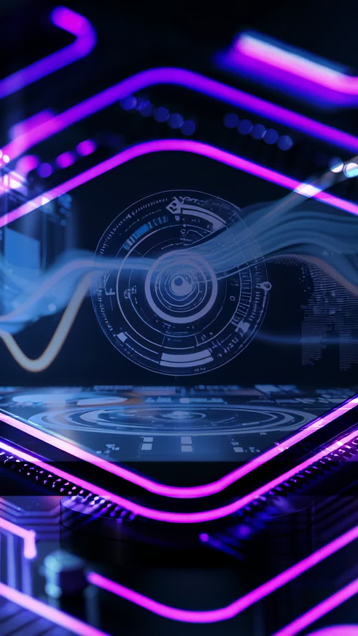 Vertical video: Starting futuristic interface animating HUD and waveform on panel showing data flow
