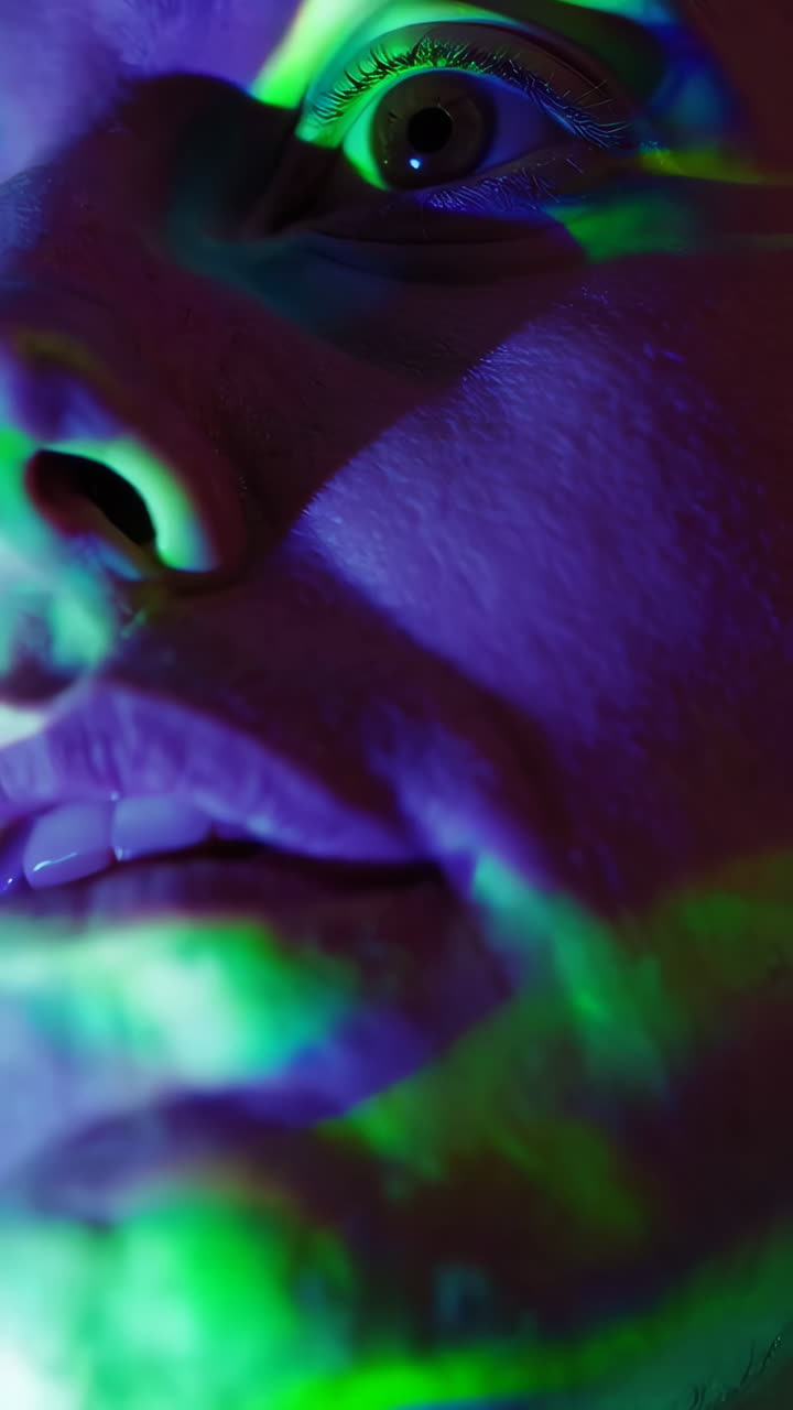 Primo piano del volto di una persona con illuminazione al neon vibrante