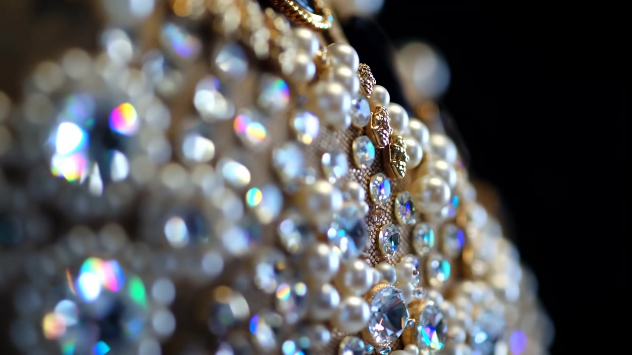 Un primissimo piano mostra un denso grappolo di perle rotonde e cristalli trasparenti sfaccettati montati in piccole incastonature d'oro, con un delicato spostamento della messa a fuoco che porta diverse perline in primo piano nitido contro uno studio scuro.