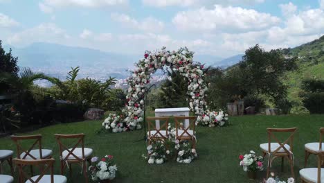 decoration of an outdoor wedding held on a mountain under the blue sky