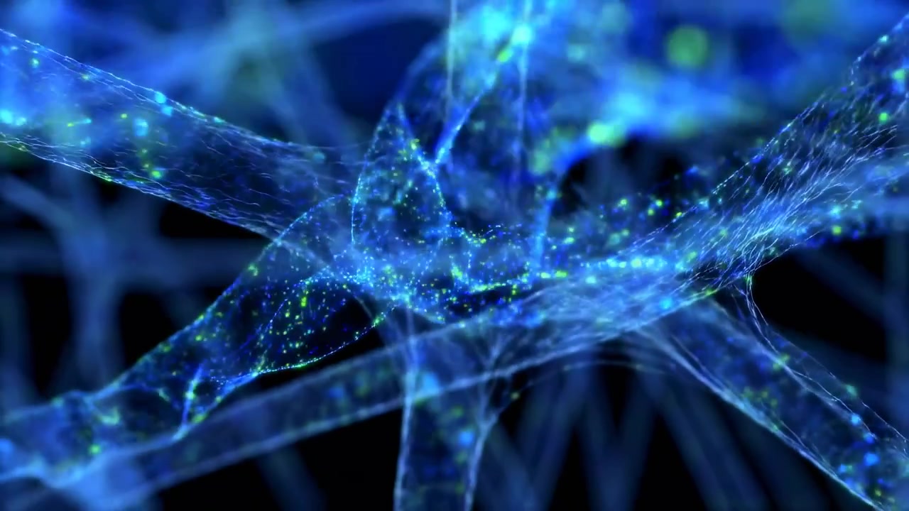 Midframe from a dynamic digital visualization shows luminous blue fibers weaving through dark space, forming a glowing network of nodes, threads, and light