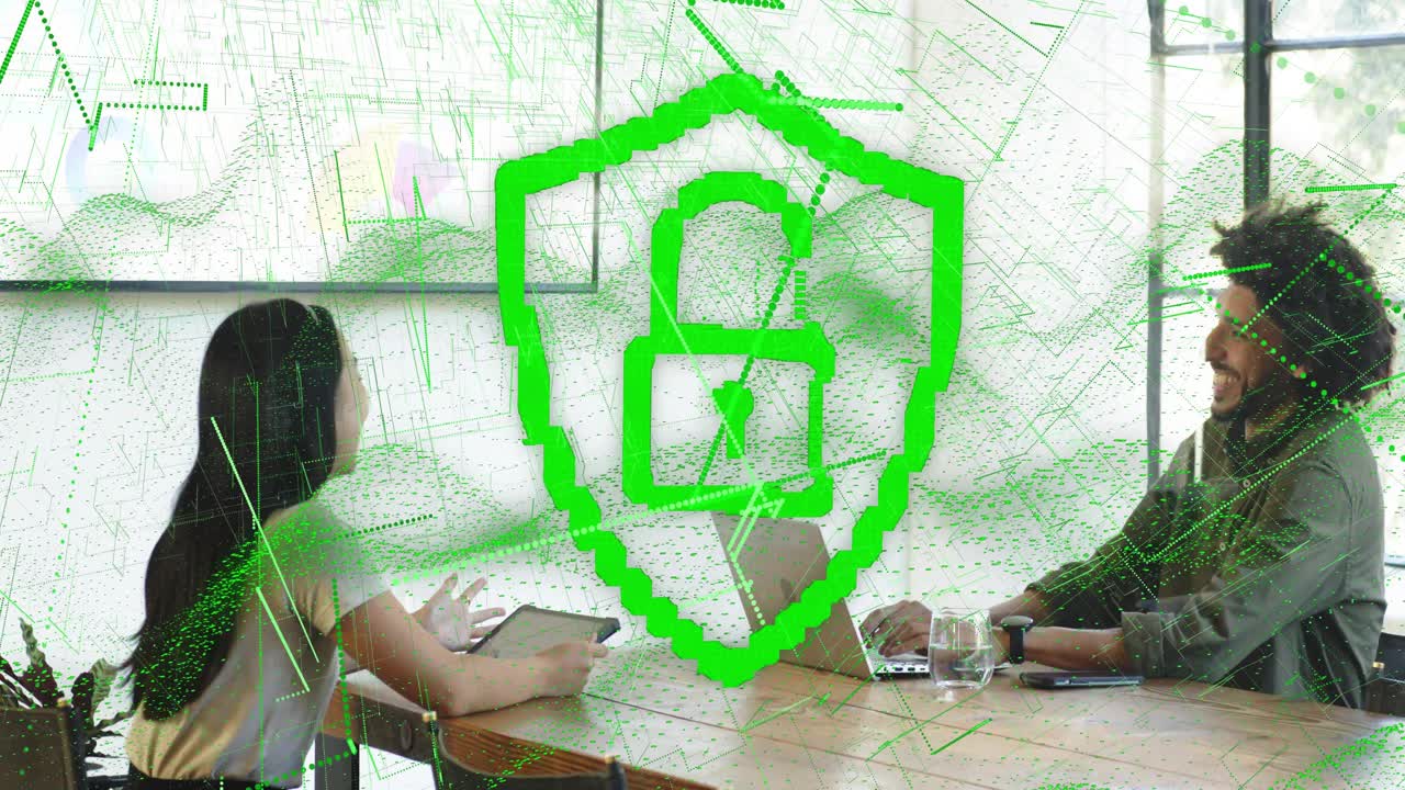 Two staff typing, using tablet in tech meeting causing lock growing then shrinking showing security