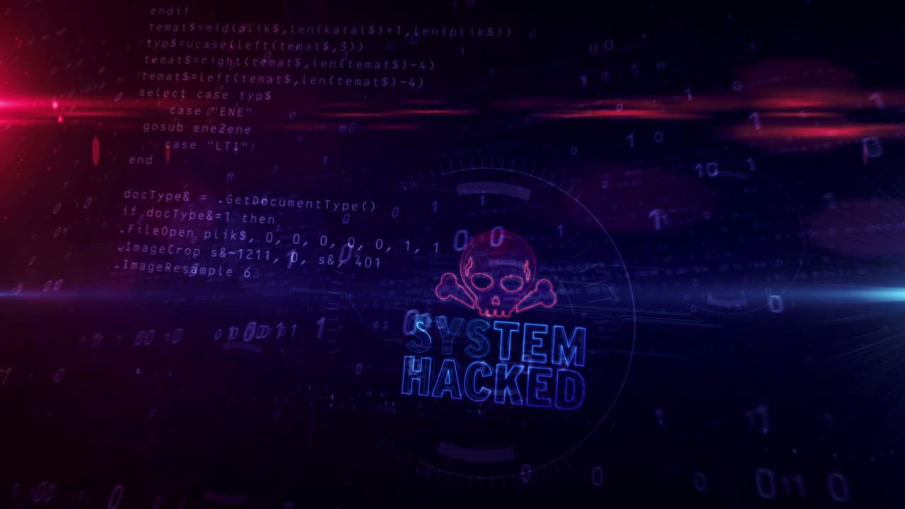 alerta de sistema hackeado con símbolo de cráneo animación de túnel de bucle abstracto