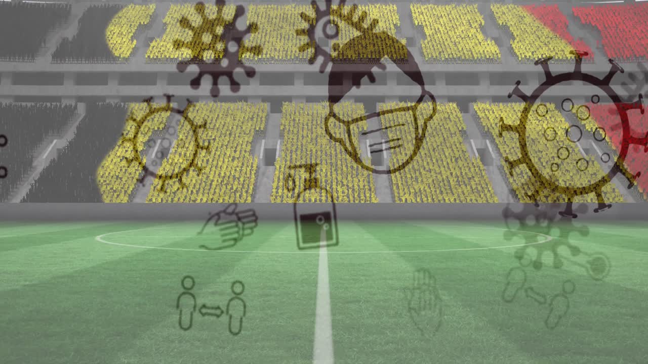 빈 장소의 경기장에서 벨기에  ⁇ 발 위에 코로나 19 아이콘의 애니메이션
