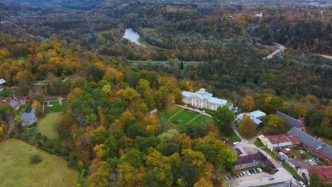 Aerial-View-of-the-Krimulda-Palace-in-Gauja-National-Park-Near-Sigulda-and-Turaida,-Latvia