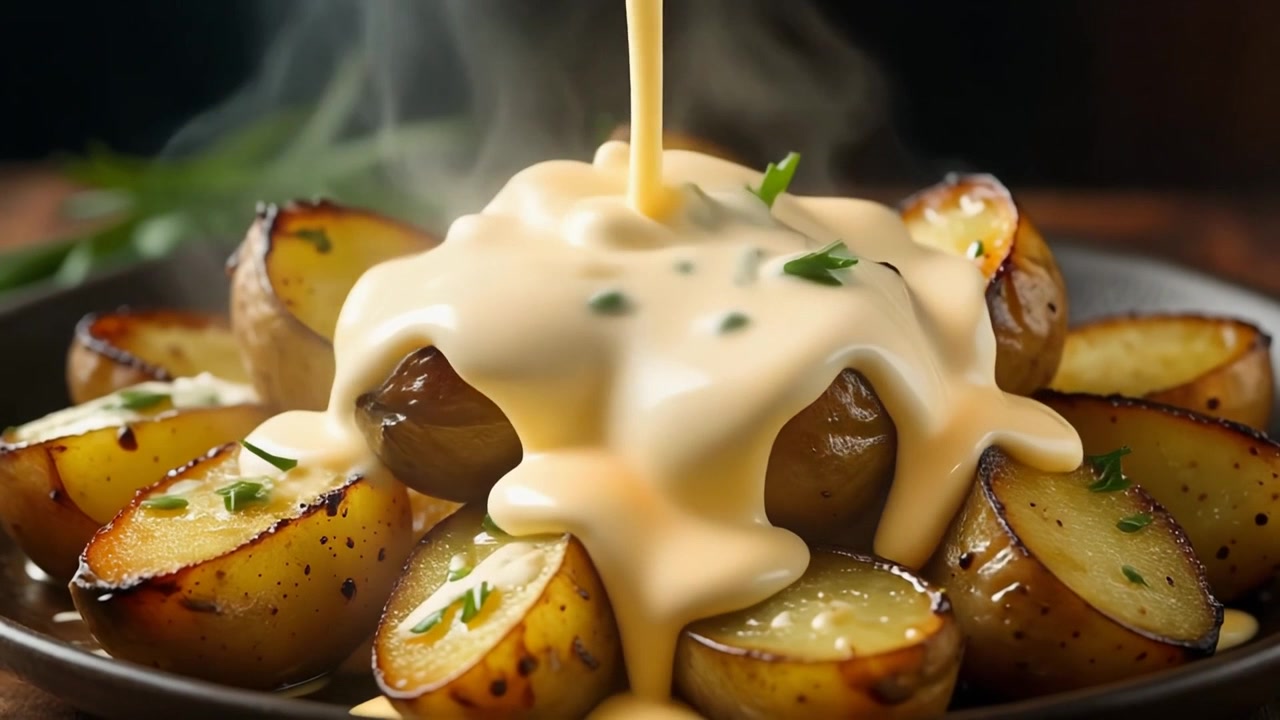 Salsa cremosa vertiéndose sobre patatas asadas