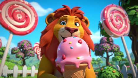 a playful lion enjoys colorful ice cream surrounded by whimsical lollipops in a cheerful cartoon landscape filled with vibrant trees