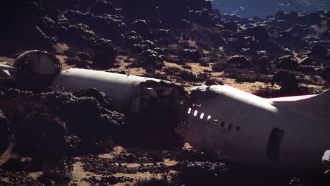 Plane wreckage in remote rugged terrain surrounded by rocky cliffs