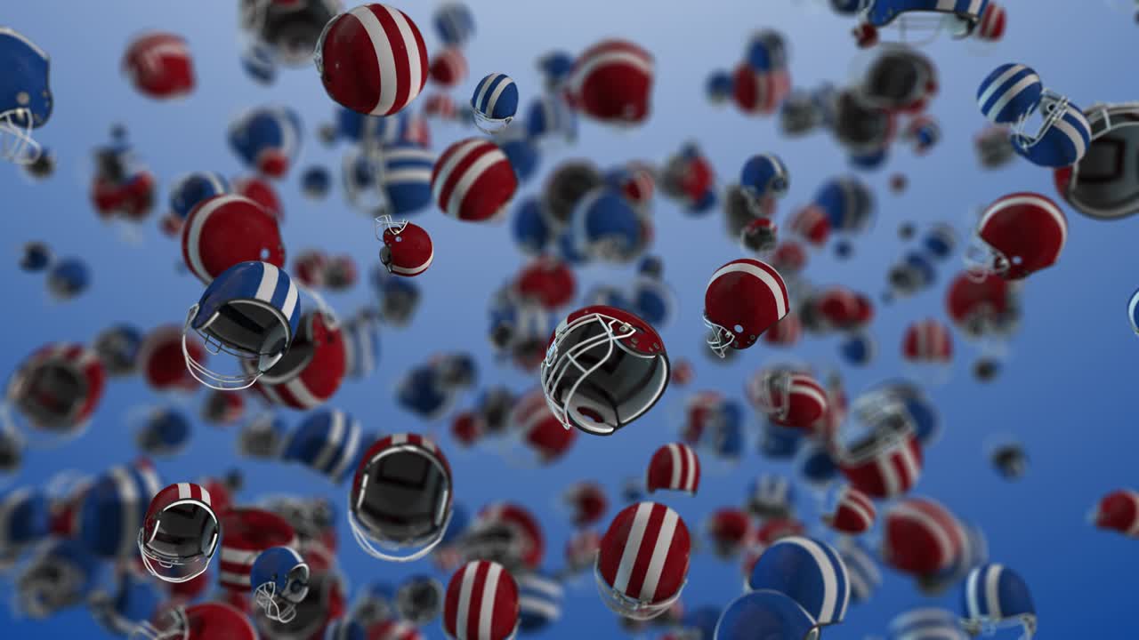 спортивный фон несколько футбольных шлемов синий