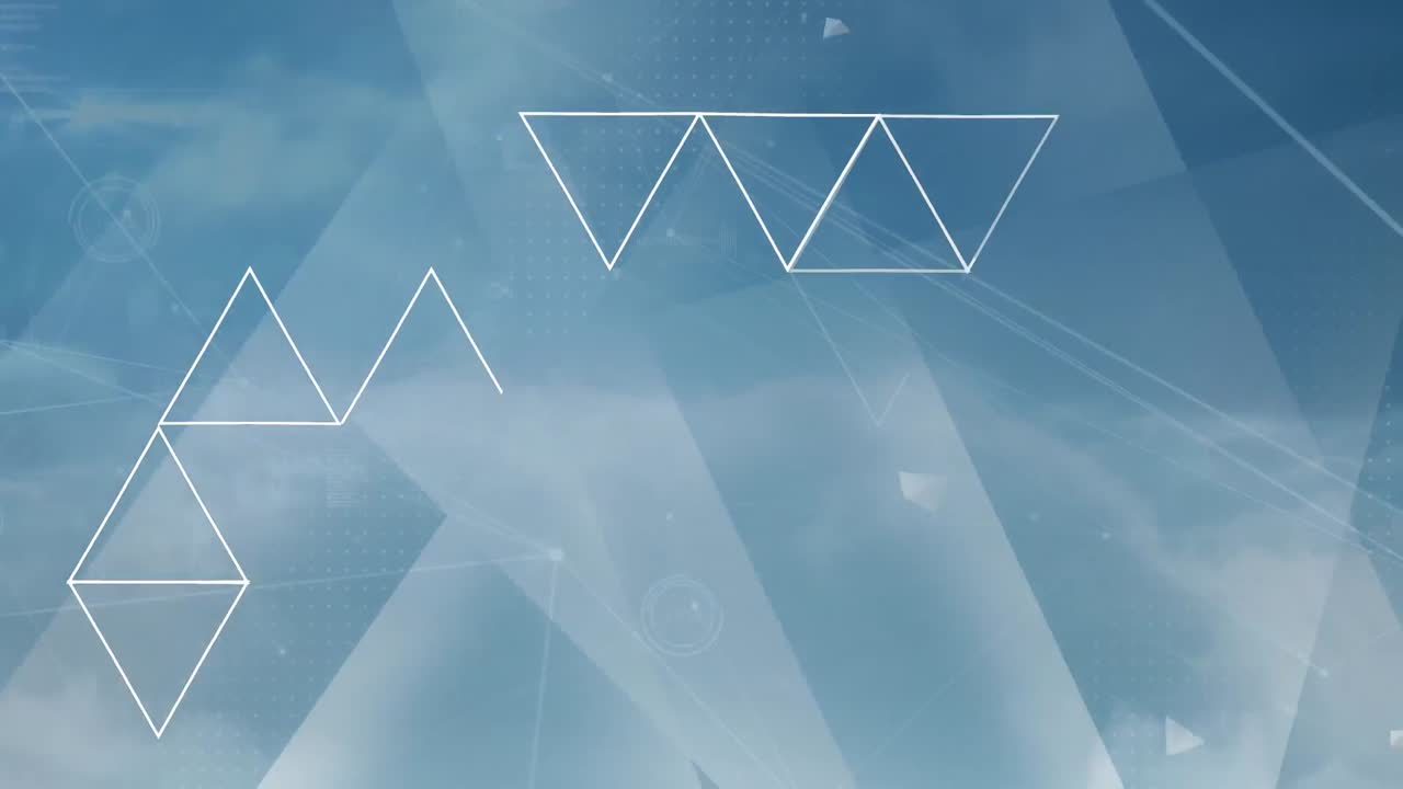 날아다니는 디지털 삼각형으로 가득 찬 하늘에 삼각형의 모습