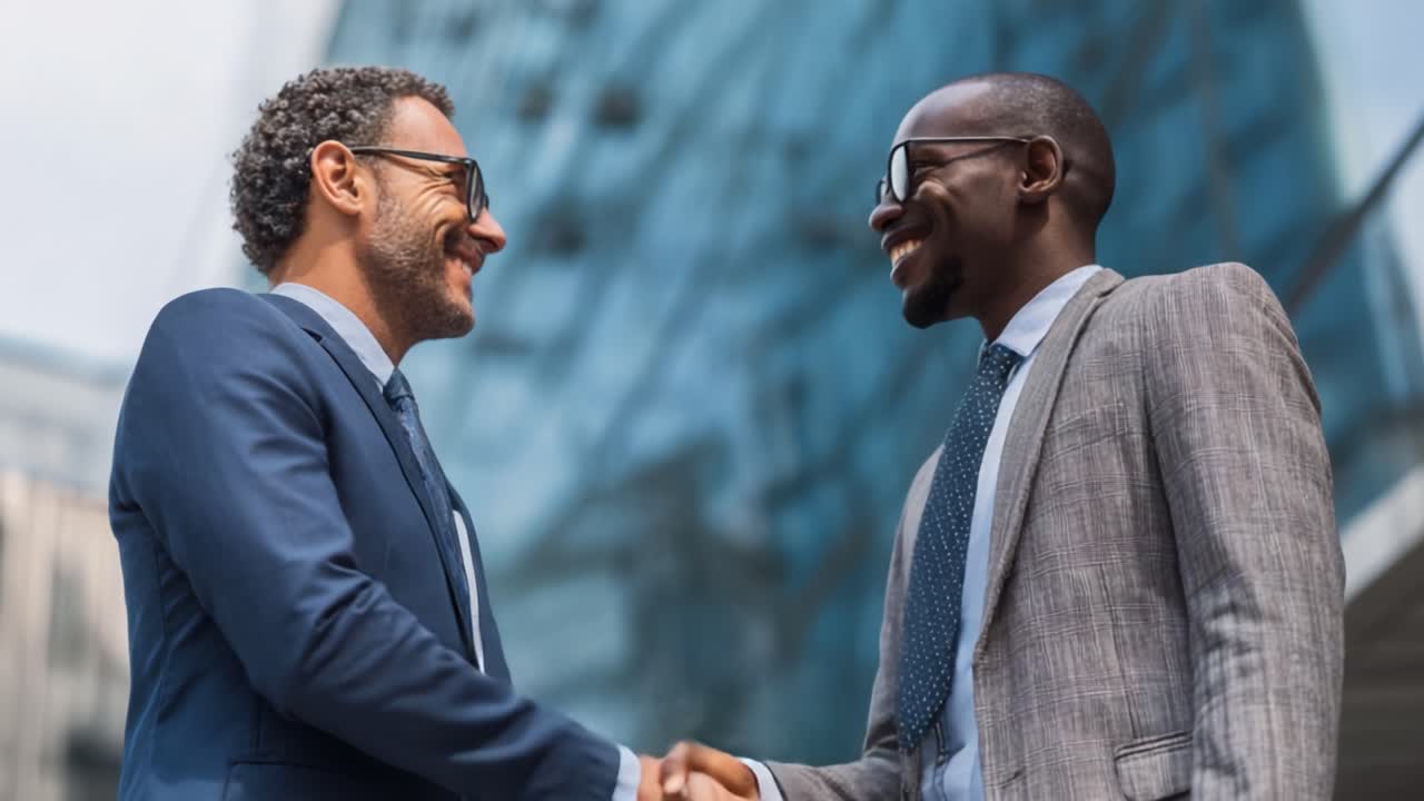 Business Professionals Engaging in a Warm Handshake and Conversation Outdoors in a Modern Urban Setting, Demonstrating Professional Relationships and Networking