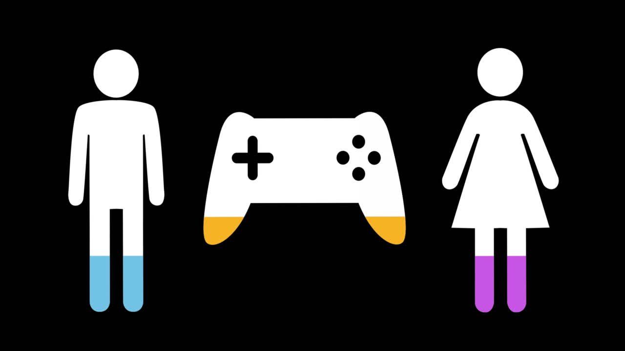 Male, female and game controller shapes filling up with colours 4k