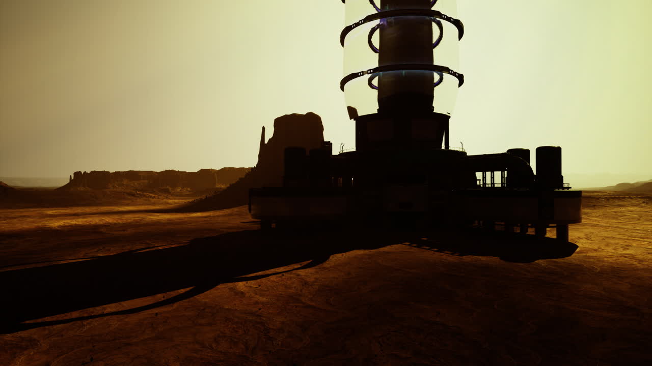 Distant planets landscape features a tower under a sunset sky