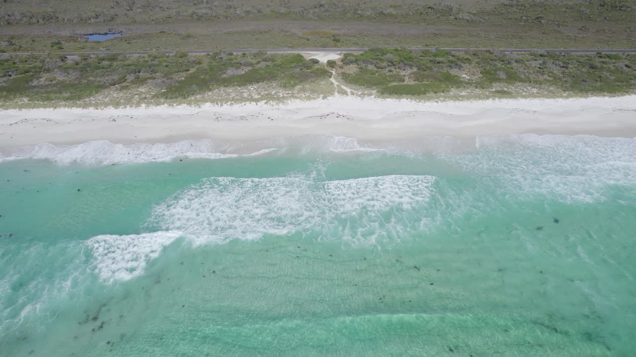 mar azul claro con olas salpicando en la playa de arena blanca de taylor en los jardines, tasmania