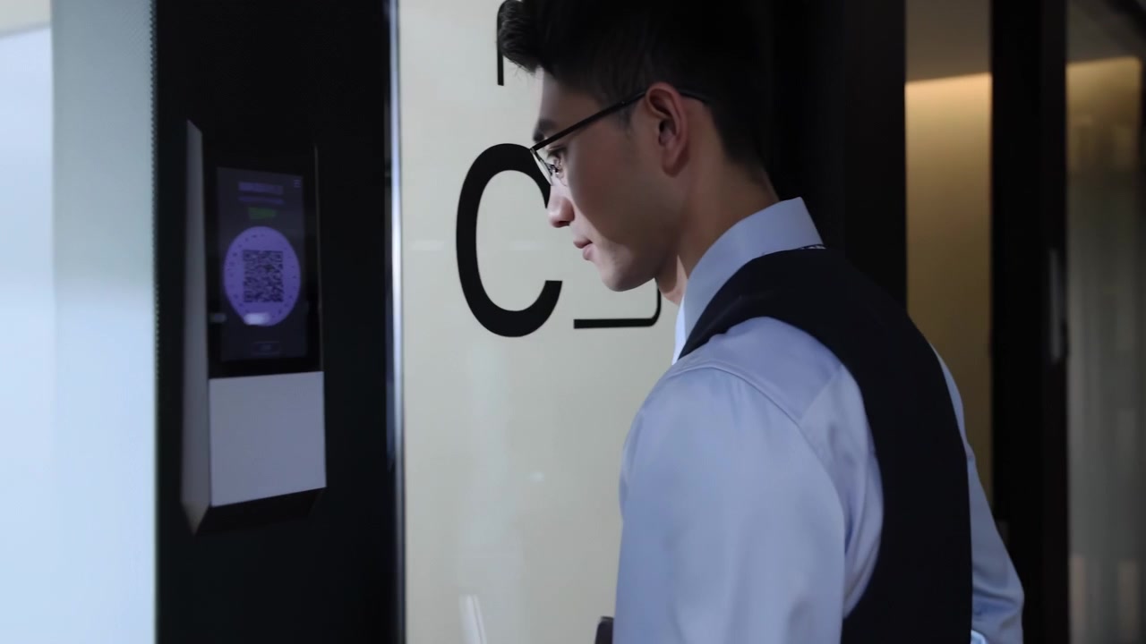 Portrait of confident handsome businessman hold laptop computer using key card swiping and pushing open meeting room door of office with electronic smart lock modern entry secure