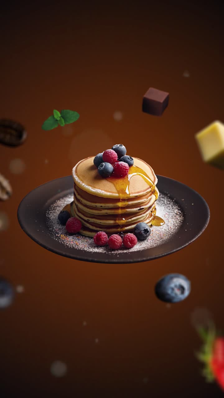 Stack of pancakes with blueberries, raspberries, honey and powdered sugar - advertising Animation intro for marketing on - desserts ingredients flying in the air - vertical add price or sale