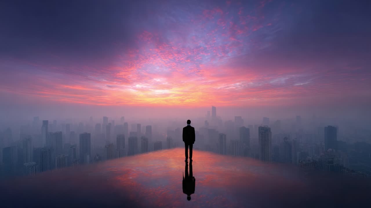 A Solitary Figure Reflects on a Stunning Urban Sunset Overlooking a Cityscape, Capturing the Essence of Wonder and Contemplation in a Vibrant City Environment