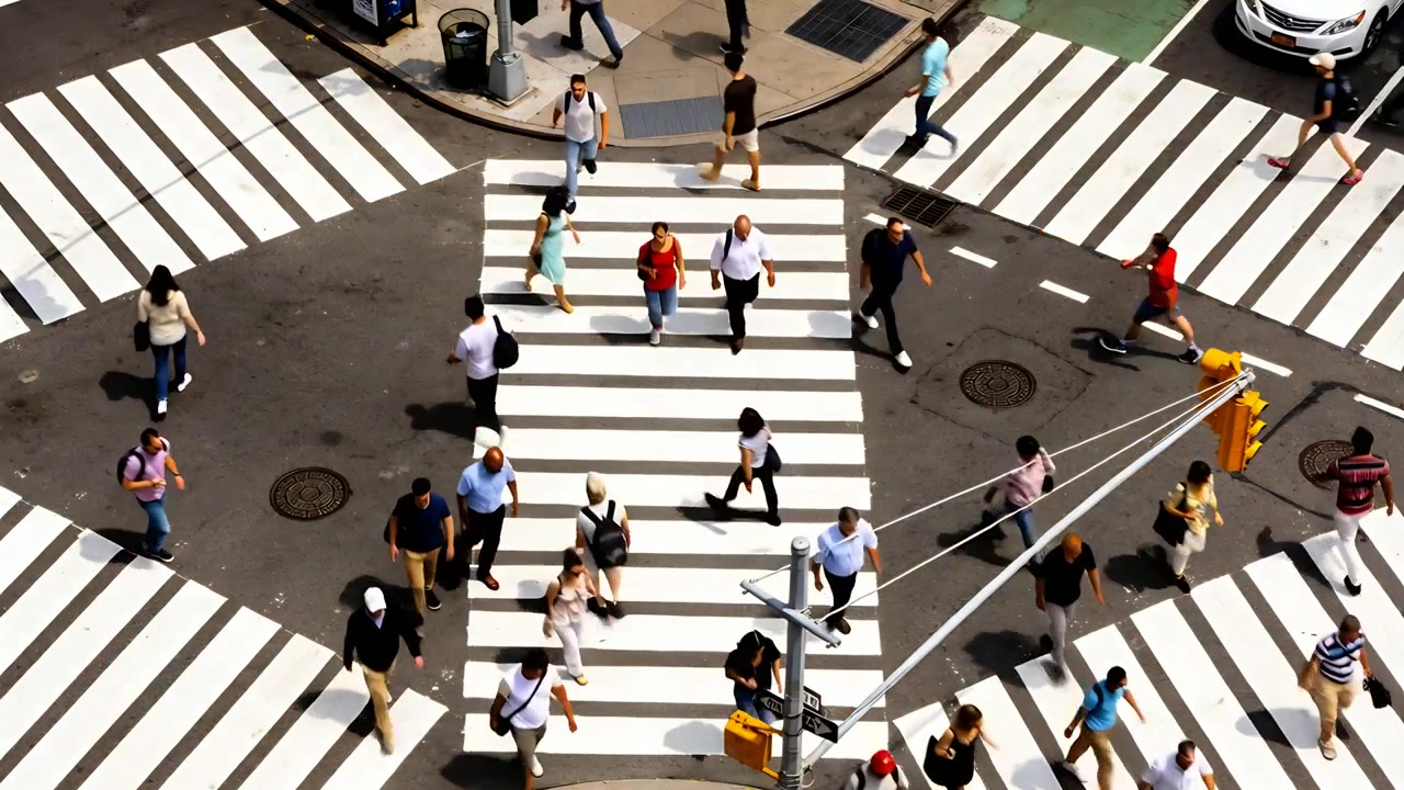 Walking pedestrians north across zebra crossing on signal turning green, with yellow box