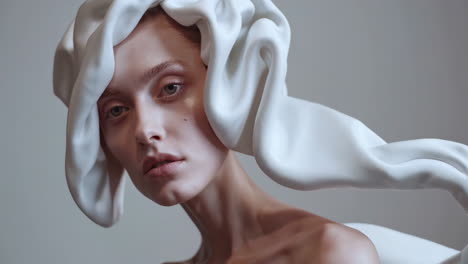 avant-garde portrait with sculptural white garment
