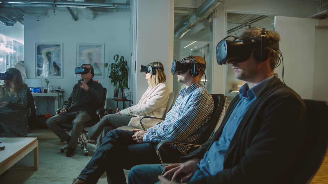 Group of Individuals Engaged in Virtual Reality Experience, Wearing Headsets in Modern Office Setting, Immersed in Digital World, Exploring New Dimensions of Entertainment and Interaction