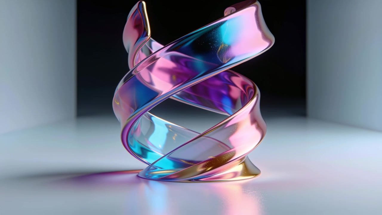 Playback starting iridescent helix rotating, compressing folding onstage showing reflectivity