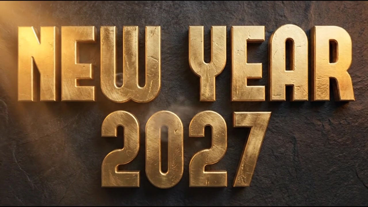 Animazione di testo Capodanno 2027 con tipografia audace dorata su sfondo scuro