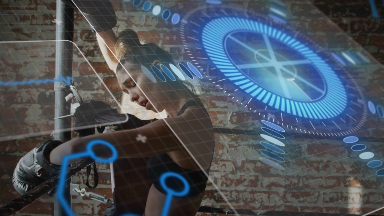 Woman leaning on boxing ropes, gripping chain and preparing punch while blue HUD overlaying scene