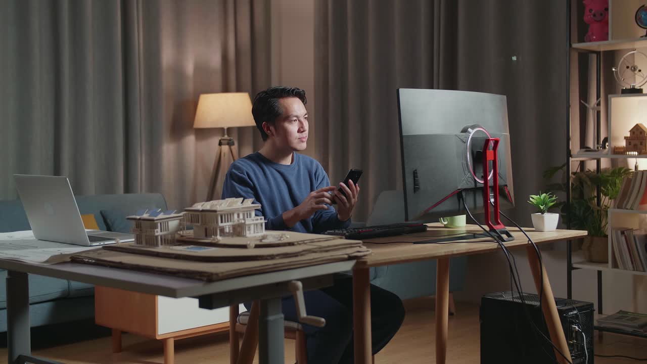 밤에 집에서 일하는 남자