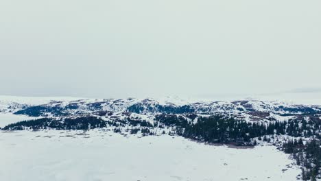 snow-covered mountain forest and frozen lake at winter in norway