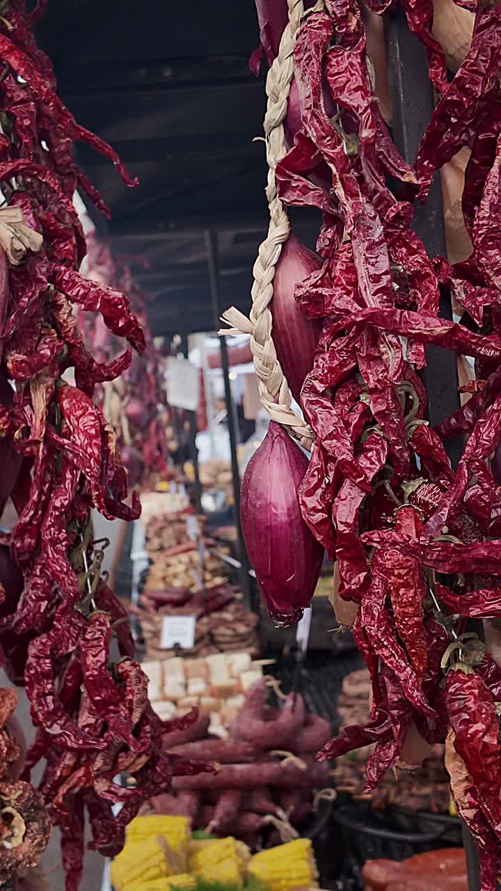 Vertical close up of onion shallots and dried red chili peppers suspended at outdoor barbecue food stall. Ideal for street food and rustic cooking themes