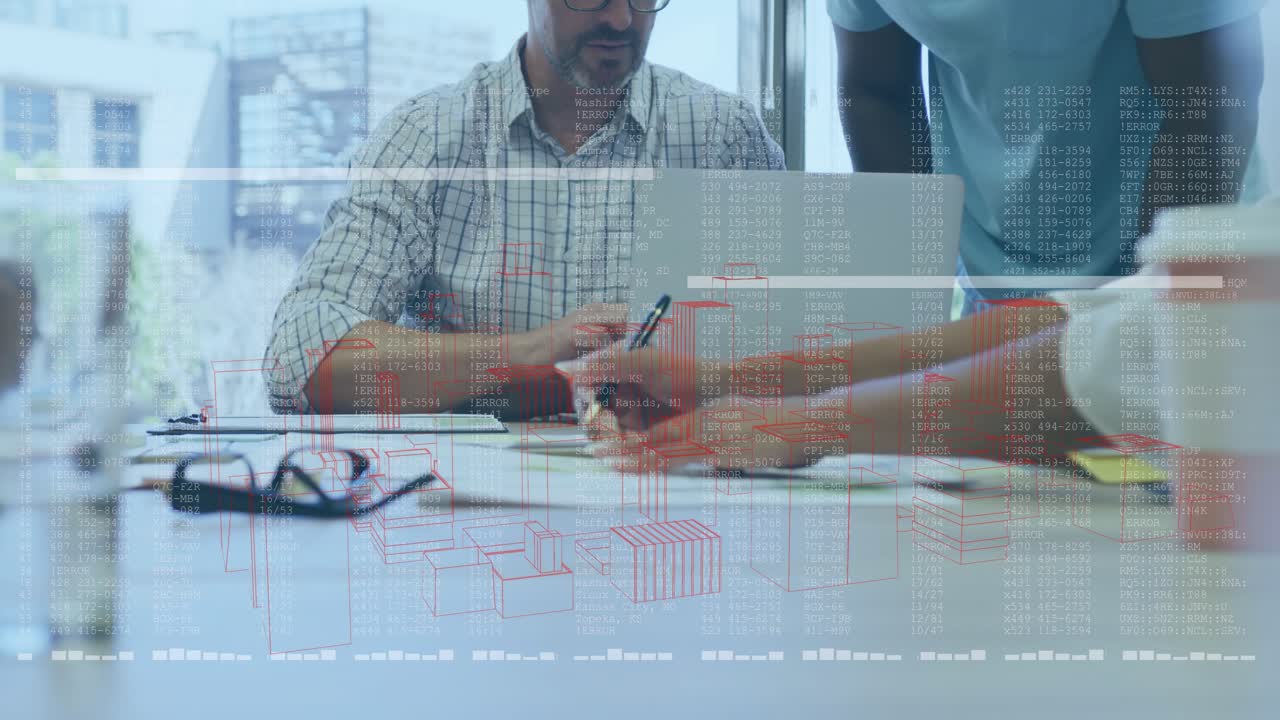 Lead at laptop pointing, passing pen, marking papers and activating animated overlay for business