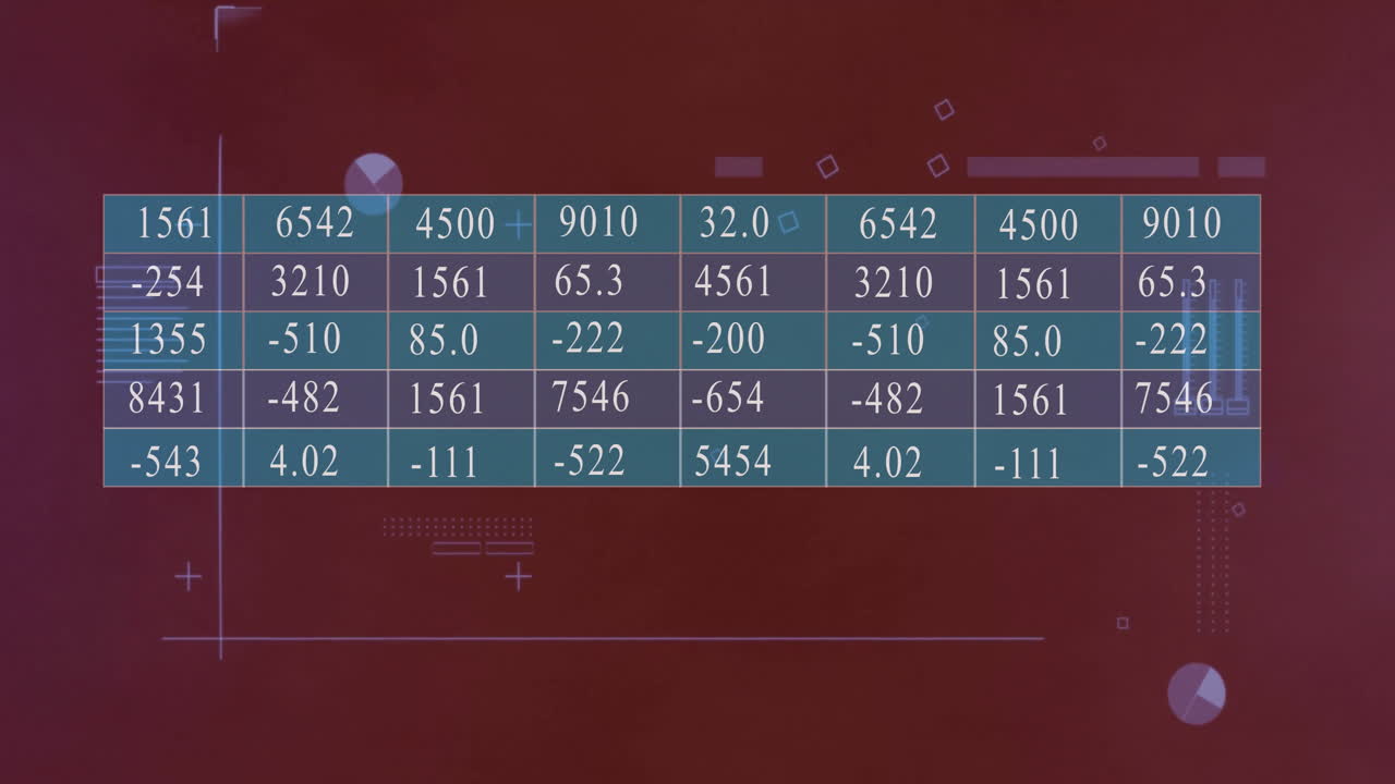 tabla de datos con valores numéricos sobre fondo rojo con animación de formas geométricas