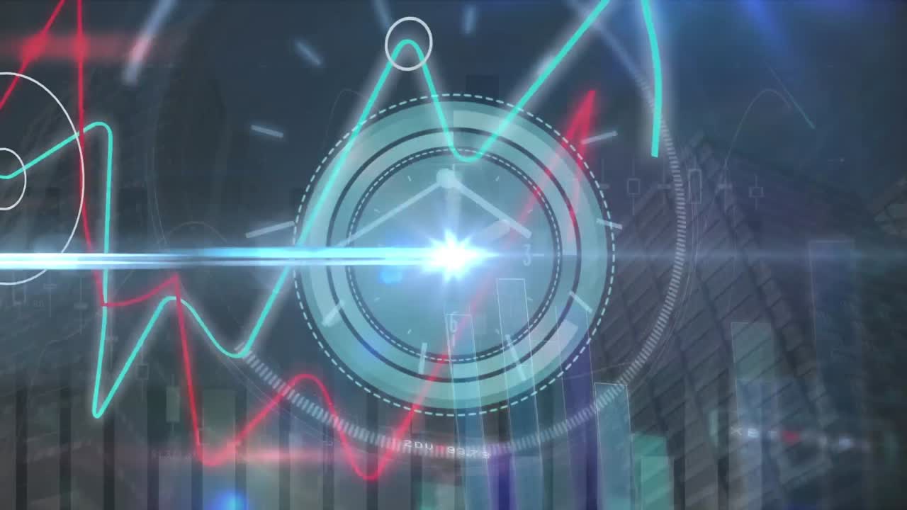 animación del procesamiento de datos y movimiento del reloj sobre la sala del servidor