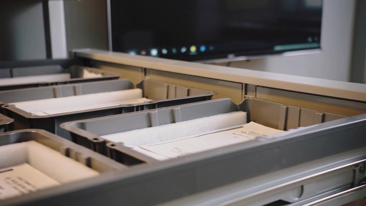 Camera panning, revealing metal filing drawer with gray trays holding envelopes, showing order