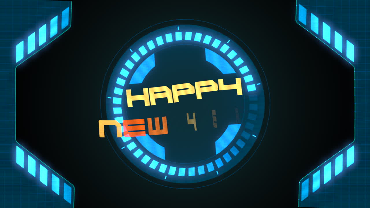 Happy New Year text on digital screen with HUD elements
