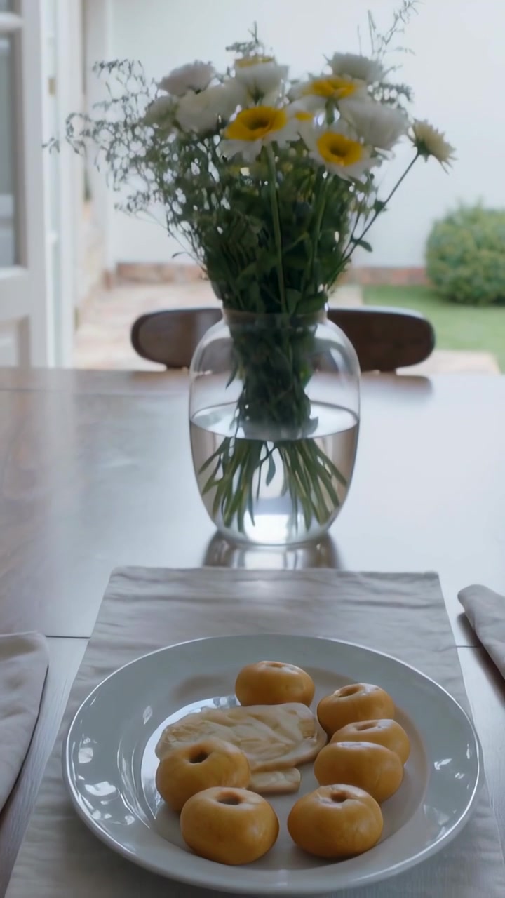 Vertical video: Arm in white top reaching, placing dishes, preparing meal by open doors with vase